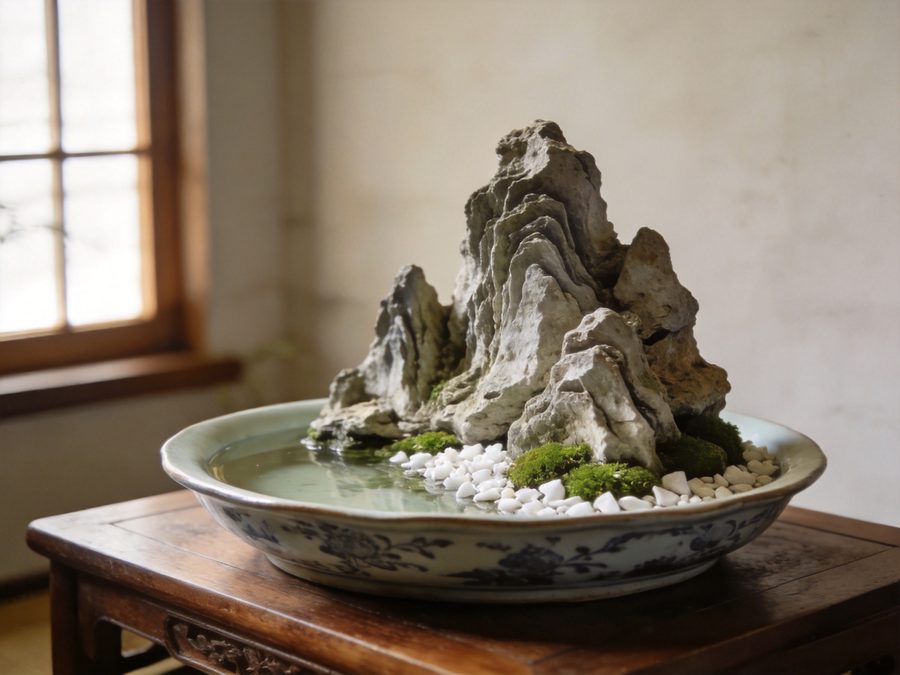 吸水石山水盆景：青花浅盆中主峰群峦，苔藓白石点景